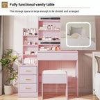 Vanity Set with Sliding LED Mirror, 4 Drawers, Power Outlet, Storage Shelves, Open Shelf, Cushioned Stool, Makeup Dressing Table for Bedroom, Pink