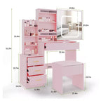 Vanity Set with Sliding LED Mirror, 4 Drawers, Power Outlet, Storage Shelves, Open Shelf, Cushioned Stool, Makeup Dressing Table for Bedroom, Pink