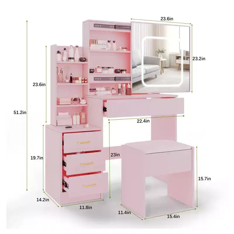 Vanity Set with Sliding LED Mirror, 4 Drawers, Power Outlet, Storage Shelves, Open Shelf, Cushioned Stool, Makeup Dressing Table for Bedroom, Pink