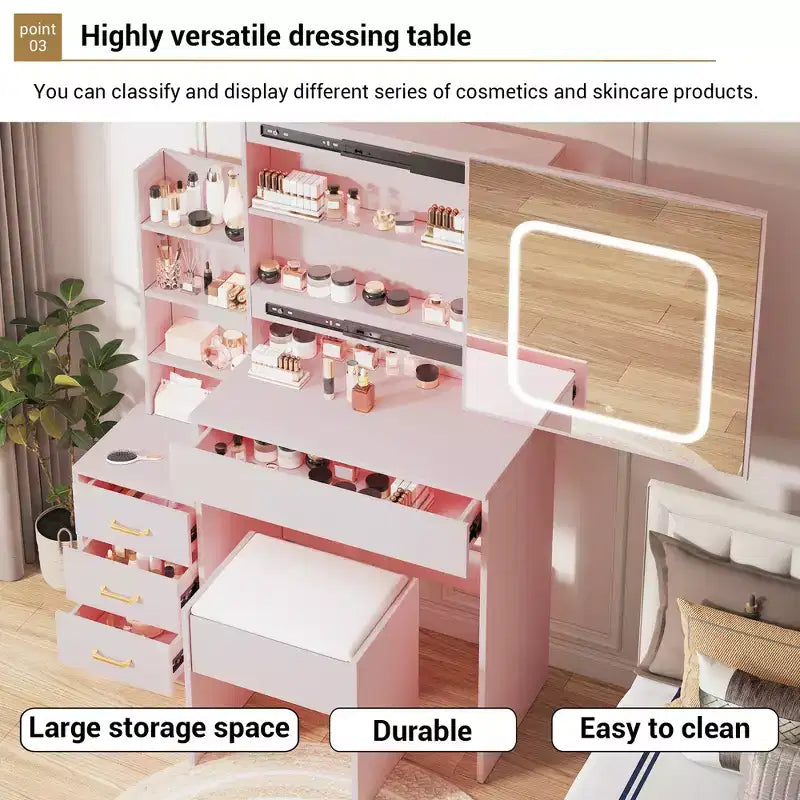 Vanity Set with Sliding LED Mirror, 4 Drawers, Power Outlet, Storage Shelves, Open Shelf, Cushioned Stool, Makeup Dressing Table for Bedroom, Pink