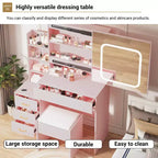 Vanity Set with Sliding LED Mirror, 4 Drawers, Power Outlet, Storage Shelves, Open Shelf, Cushioned Stool, Makeup Dressing Table for Bedroom, Pink