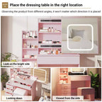 Vanity Set with Sliding LED Mirror, 4 Drawers, Power Outlet, Storage Shelves, Open Shelf, Cushioned Stool, Makeup Dressing Table for Bedroom, Pink