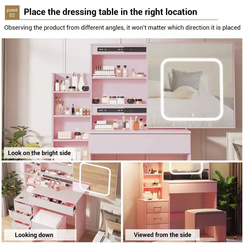 Vanity Set with Sliding LED Mirror, 4 Drawers, Power Outlet, Storage Shelves, Open Shelf, Cushioned Stool, Makeup Dressing Table for Bedroom, Pink