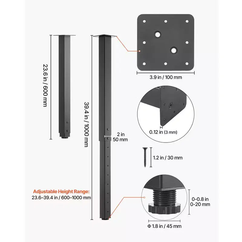 VEVOR Adjustable Table Legs, 24-40 in Square Steel Furniture Legs, 1200 lbs Max Load Heavy Duty, Quick Installation, 4 PCS, Black
