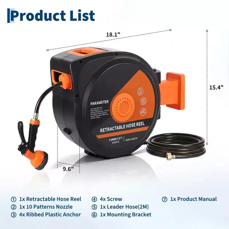 130 ft Retractable Garden Hose Reel, 1/2 in Automatic Rewind Wall Mount Hose, 10-Function Spray Nozzle, 180 Swivel Bracket, Any-Length Lock