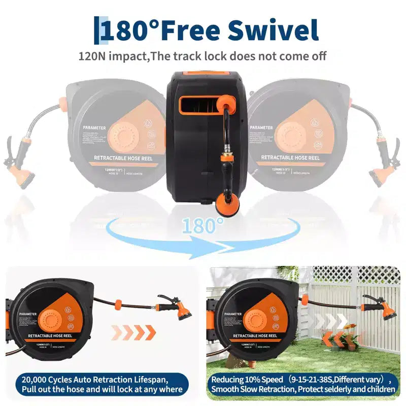 130 ft Retractable Garden Hose Reel, 1/2 in Automatic Rewind Wall Mount Hose, 10-Function Spray Nozzle, 180 Swivel Bracket, Any-Length Lock