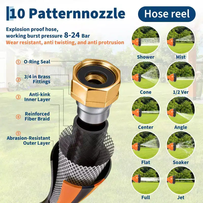 130 ft Retractable Garden Hose Reel, 1/2 in Automatic Rewind Wall Mount Hose, 10-Function Spray Nozzle, 180 Swivel Bracket, Any-Length Lock