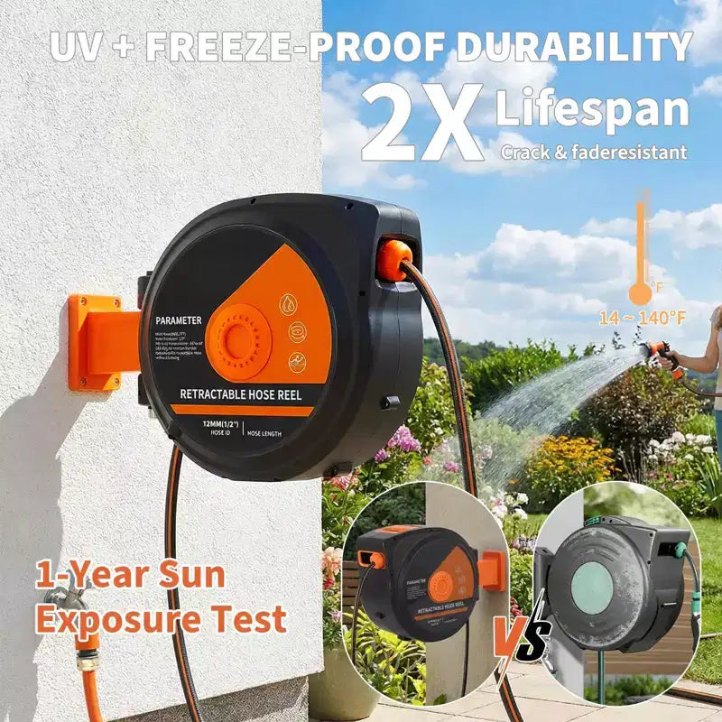 130 ft Retractable Garden Hose Reel, 1/2 in Automatic Rewind Wall Mount Hose, 10-Function Spray Nozzle, 180 Swivel Bracket, Any-Length Lock