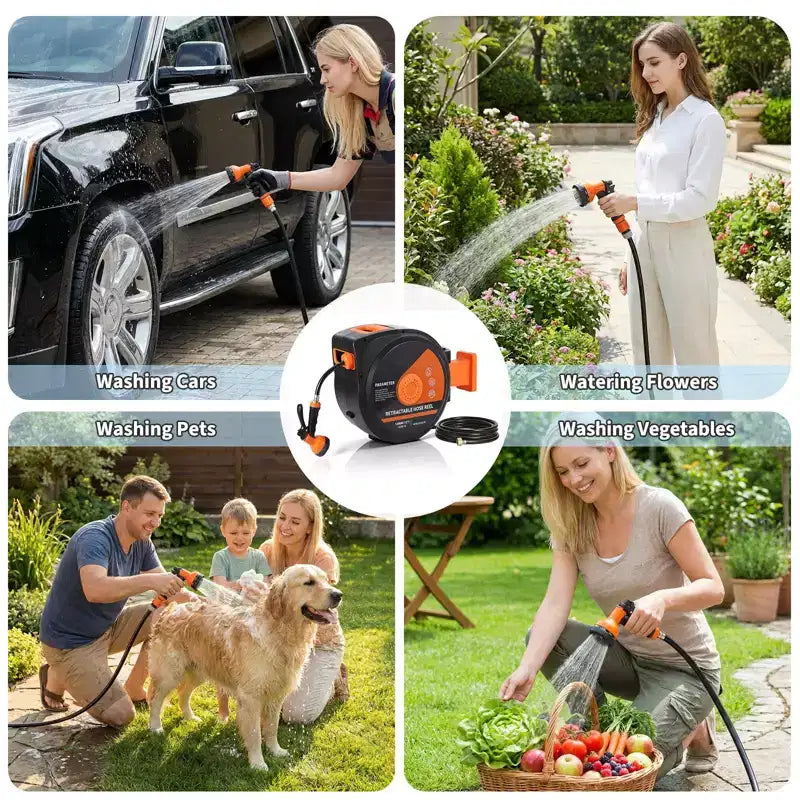 130 ft Retractable Garden Hose Reel, 1/2 in Automatic Rewind Wall Mount Hose, 10-Function Spray Nozzle, 180 Swivel Bracket, Any-Length Lock