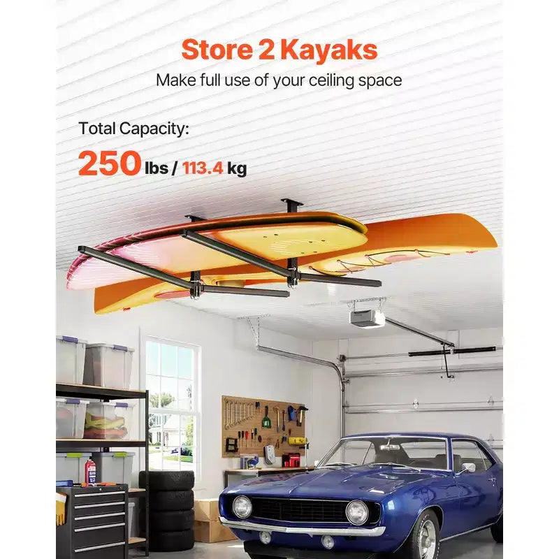 VEVOR Kayak Storage Rack for 2 Kayaks, Holds Up to 250 lbs, Heavy Duty Adjustable Ceiling Rack for Garage Ceiling Mount, Black