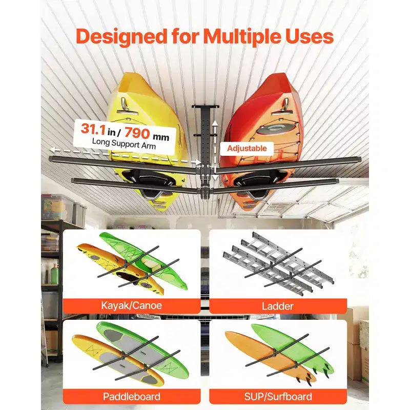 VEVOR Kayak Storage Rack for 2 Kayaks, Holds Up to 250 lbs, Heavy Duty Adjustable Ceiling Rack for Garage Ceiling Mount, Black