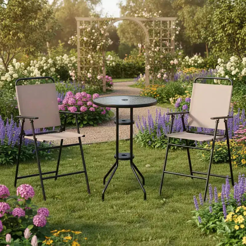 Gymax 3PCS Folding Patio Bistro Set w/ Round Bar Table 1.6 Umbrella Hole Chairs for Yard Patio and Poolside