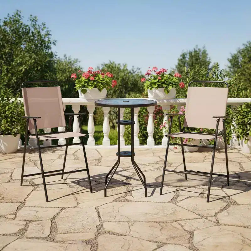 Gymax 3PCS Folding Patio Bistro Set w/ Round Bar Table 1.6 Umbrella Hole Chairs for Yard Patio and Poolside
