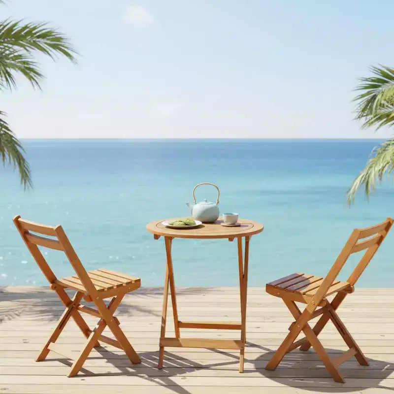 Gymax 3 PCS Folding Patio Bistro Set w/ Solid Acacia Wood Table & Chairs Slatted Design for Breathability for Garden Patio Poolside