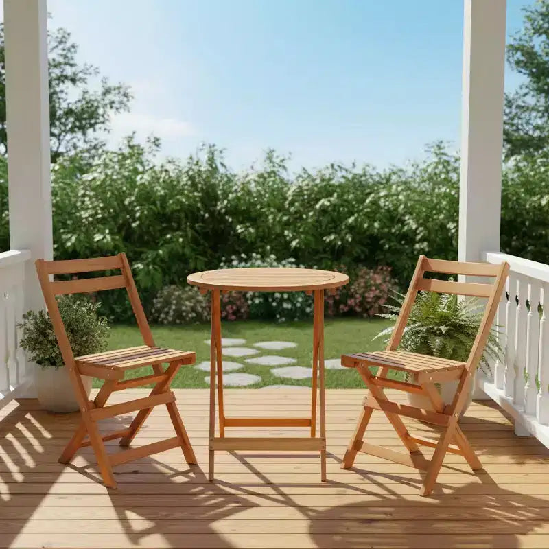 Gymax 3 PCS Folding Patio Bistro Set w/ Solid Acacia Wood Table & Chairs Slatted Design for Breathability for Garden Patio Poolside