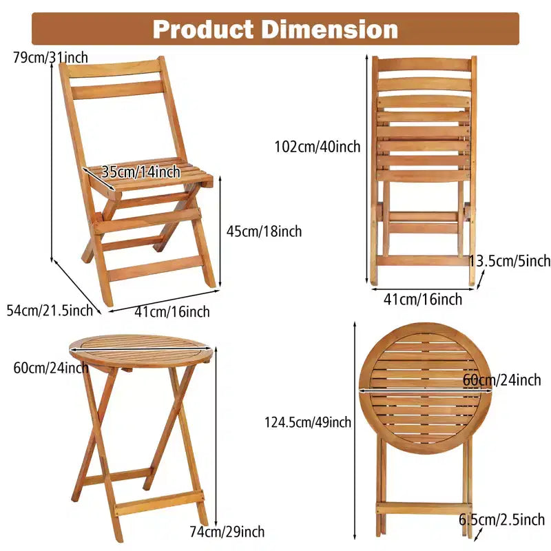 Gymax 3 PCS Folding Patio Bistro Set w/ Solid Acacia Wood Table & Chairs Slatted Design for Breathability for Garden Patio Poolside