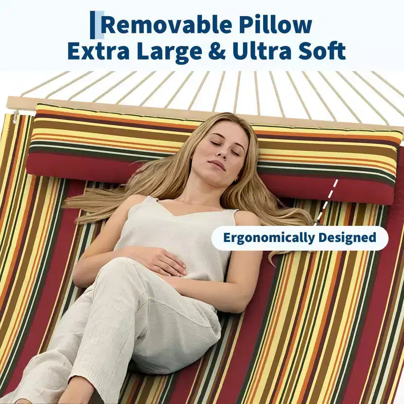 12FT Double Quilted Hammock with Spreader Bar - Outdoor Hammock for 2 Persons (450lbs Capacity) - Patio, Backyard & Poolside Use