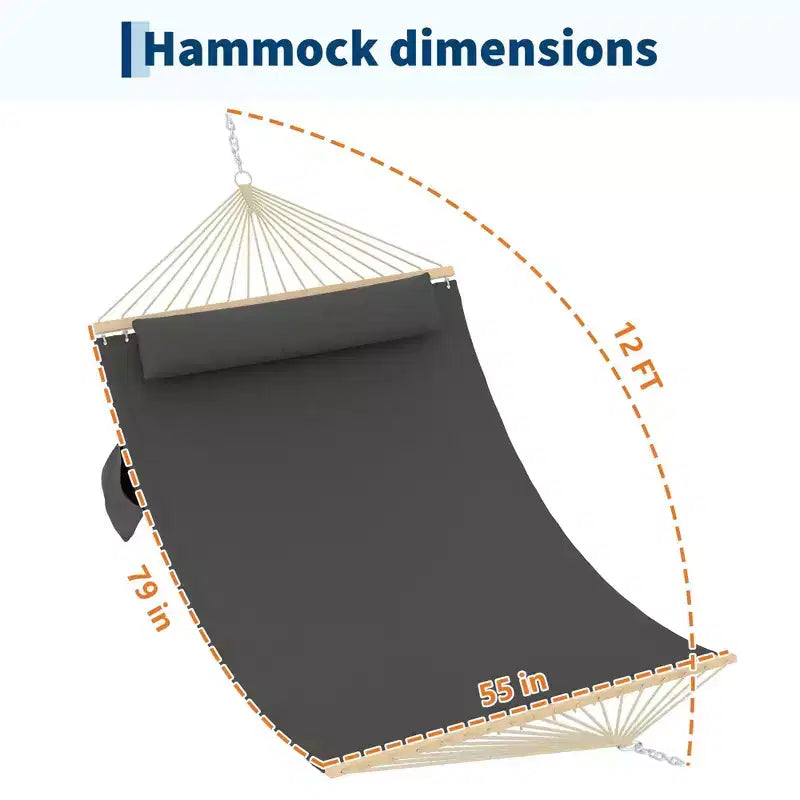 12FT Double Quilted Hammock with Spreader Bar - Outdoor Hammock for 2 Persons (450lbs Capacity) - Patio, Backyard & Poolside Use