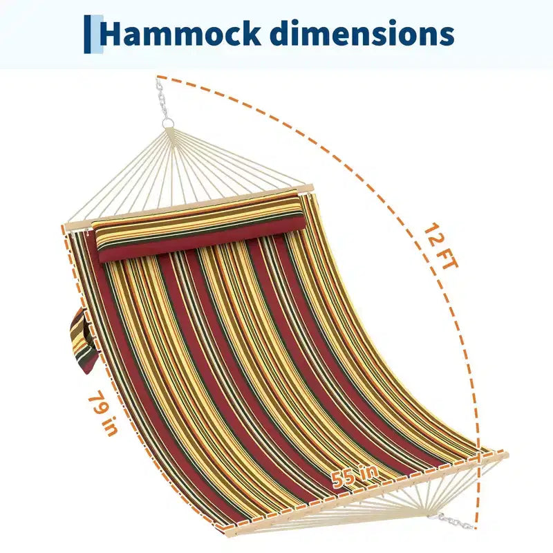 12FT Double Quilted Hammock with Spreader Bar - Outdoor Hammock for 2 Persons (450lbs Capacity) - Patio, Backyard & Poolside Use