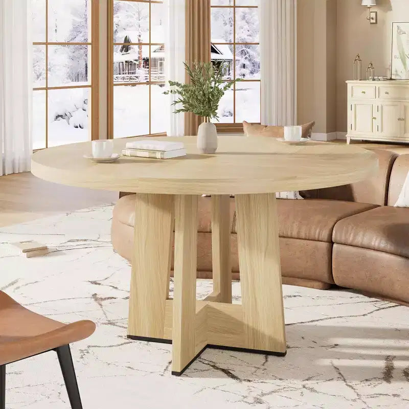 Modern 47 Inch Round Dining Table for 4 to 6, Kitchen Dinner Table with Sturdy Pedestal Base, Space Saving Circle Dining Room Table for Small Spaces
