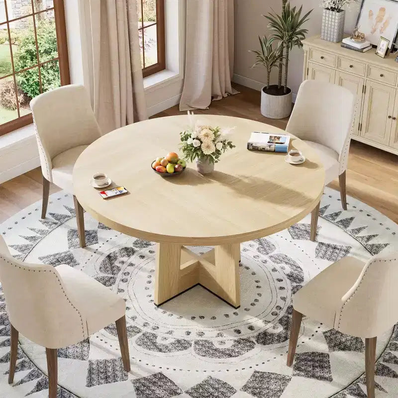Modern 47 Inch Round Dining Table for 4 to 6, Kitchen Dinner Table with Sturdy Pedestal Base, Space Saving Circle Dining Room Table for Small Spaces
