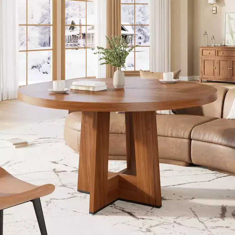 Modern 47 Inch Round Dining Table for 4 to 6, Kitchen Dinner Table with Sturdy Pedestal Base, Space Saving Circle Dining Room Table for Small Spaces