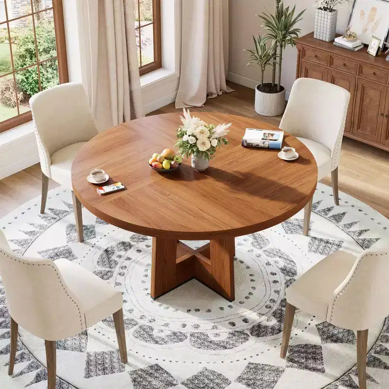 Modern 47 Inch Round Dining Table for 4 to 6, Kitchen Dinner Table with Sturdy Pedestal Base, Space Saving Circle Dining Room Table for Small Spaces