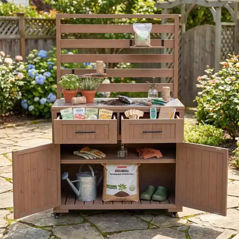 Whisen 64.9 Large Patio Kitchen Island Carts with Sink, Garden Potting Bench, Outdoor Bar Grill BBQ Cart with Stainless Top