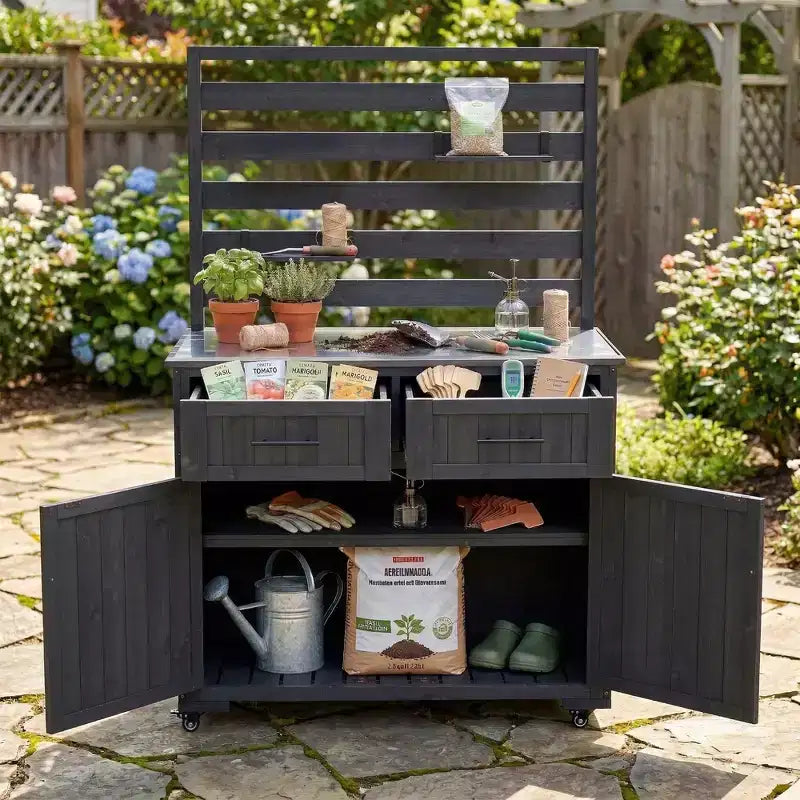 Whisen 64.9 Large Patio Kitchen Island Carts with Sink, Garden Potting Bench, Outdoor Bar Grill BBQ Cart with Stainless Top