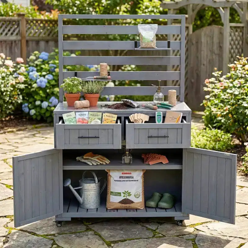 Whisen 64.9 Large Patio Kitchen Island Carts with Sink, Garden Potting Bench, Outdoor Bar Grill BBQ Cart with Stainless Top