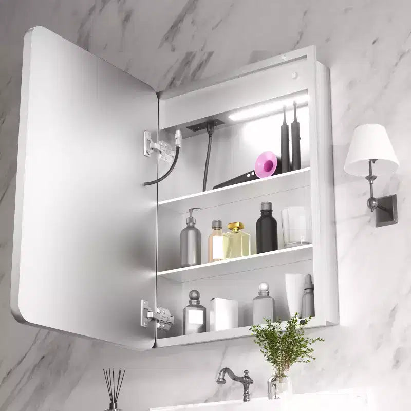 FAMYYT 20 in. W x 28 in. H Rectangular Iron Medicine Cabinet with Mirror, Dimmable LED Light, Anti-Fog and Outlets - Fully Assemble