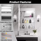 FAMYYT 20 in. W x 28 in. H Rectangular Iron Medicine Cabinet with Mirror, Dimmable LED Light, Anti-Fog and Outlets - Fully Assemble