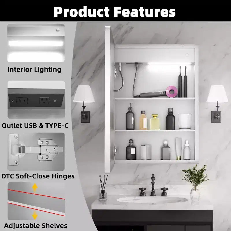 FAMYYT 20 in. W x 28 in. H Rectangular Iron Medicine Cabinet with Mirror, Dimmable LED Light, Anti-Fog and Outlets - Fully Assemble