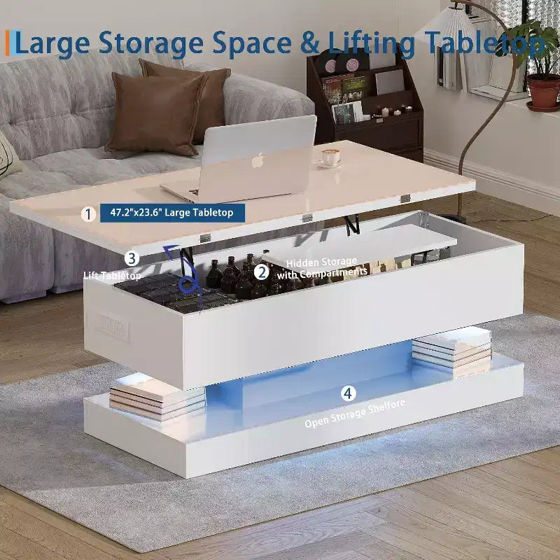 Lift Top Coffee Table with LED Lighting, High Gloss Finish, APP Controlled Storage, Adjustable & Convertible, Modern Dining Table for Living Room