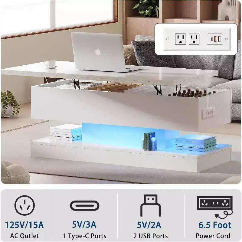 Lift Top Coffee Table with LED Lighting, High Gloss Finish, APP Controlled Storage, Adjustable & Convertible, Modern Dining Table for Living Room