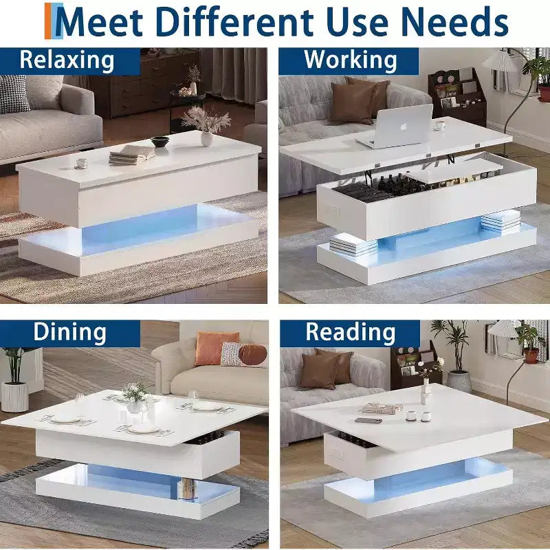 Lift Top Coffee Table with LED Lighting, High Gloss Finish, APP Controlled Storage, Adjustable & Convertible, Modern Dining Table for Living Room