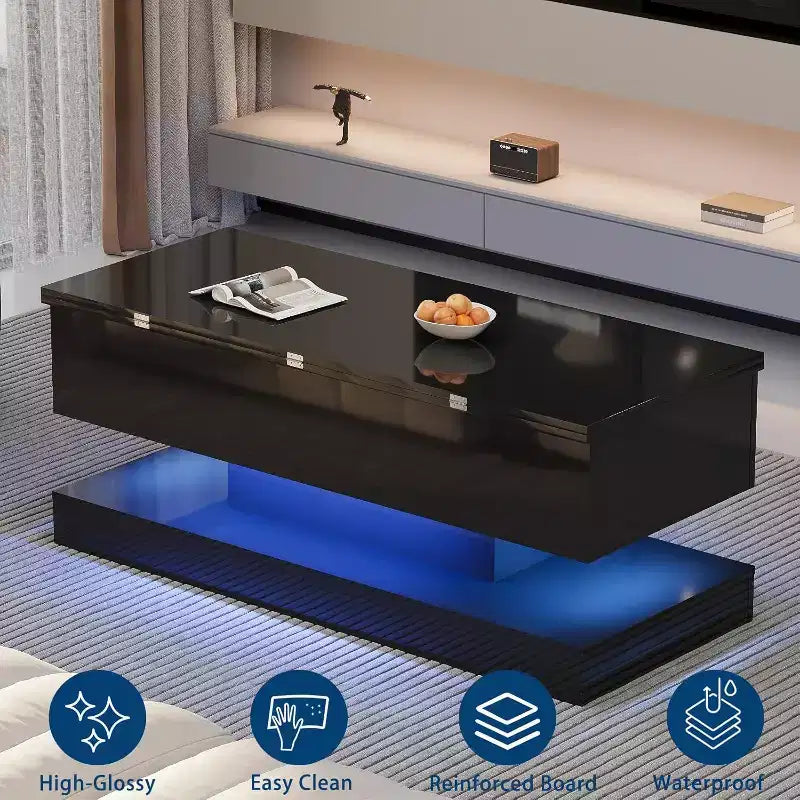 Lift Top Coffee Table with LED Lighting, High Gloss Finish, APP Controlled Storage, Adjustable & Convertible, Modern Dining Table for Living Room
