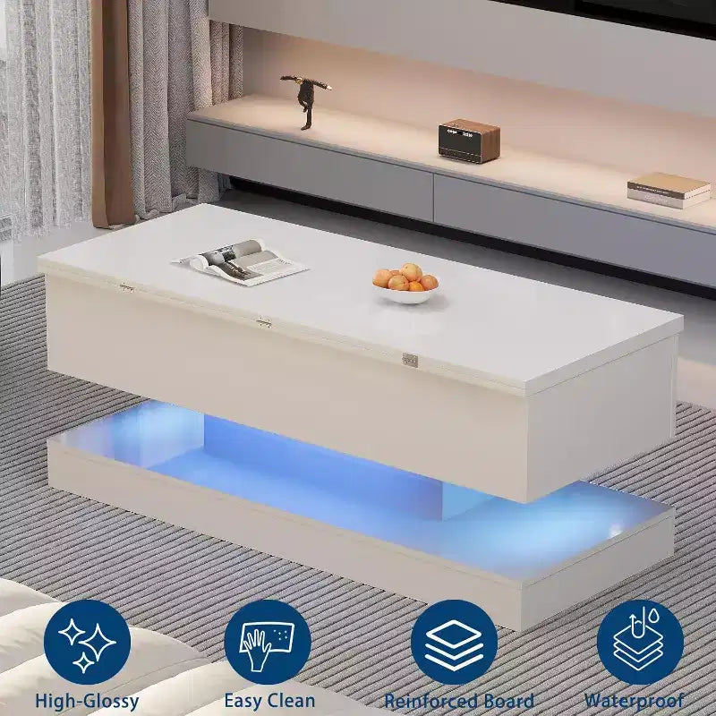 Lift Top Coffee Table with LED Lighting, High Gloss Finish, APP Controlled Storage, Adjustable & Convertible, Modern Dining Table for Living Room