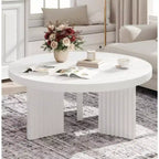 Round Coffee Table, 33.5 Circle Center Table with Fluted Legs & 1.3 Thick Top, Accent Sofa Tables for Living Room, Bedroom, Easy Assembly, White