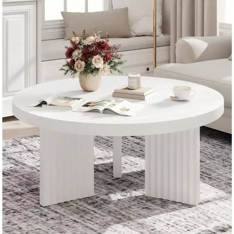 Round Coffee Table, 33.5 Circle Center Table with Fluted Legs & 1.3 Thick Top, Accent Sofa Tables for Living Room, Bedroom, Easy Assembly, White