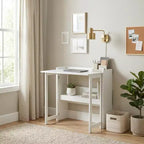FurnitureR Folding Desk with Storage Shelf, Small Space Drop Leaf Computer Desk with Bookshelf, Writing Desk for Home Office, Bedroom, Apartment