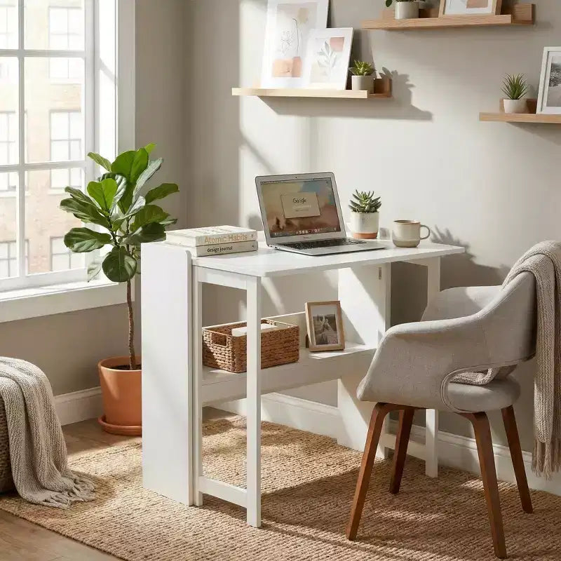 FurnitureR Folding Desk with Storage Shelf, Small Space Drop Leaf Computer Desk with Bookshelf, Writing Desk for Home Office, Bedroom, Apartment