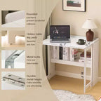 FurnitureR Folding Desk with Storage Shelf, Small Space Drop Leaf Computer Desk with Bookshelf, Writing Desk for Home Office, Bedroom, Apartment