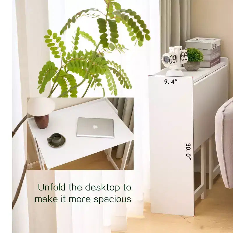 FurnitureR Folding Desk with Storage Shelf, Small Space Drop Leaf Computer Desk with Bookshelf, Writing Desk for Home Office, Bedroom, Apartment