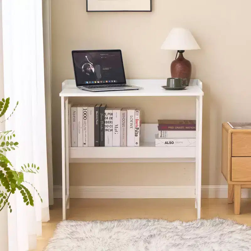FurnitureR Folding Desk with Storage Shelf, Small Space Drop Leaf Computer Desk with Bookshelf, Writing Desk for Home Office, Bedroom, Apartment