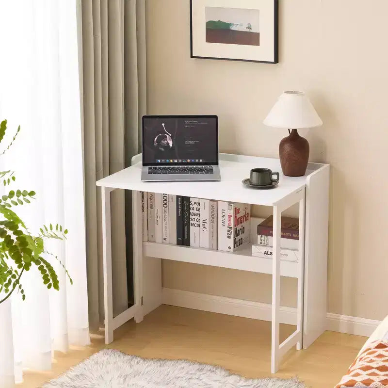 FurnitureR Folding Desk with Storage Shelf, Small Space Drop Leaf Computer Desk with Bookshelf, Writing Desk for Home Office, Bedroom, Apartment