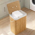 COZONY Folding Bamboo Laundry Hamper with Lid, 28 Gal / 106L Wooden Clothes Basket with Washable Liner, Slim Storage for Small Bedrooms & Dorms