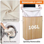 COZONY Folding Bamboo Laundry Hamper with Lid, 28 Gal / 106L Wooden Clothes Basket with Washable Liner, Slim Storage for Small Bedrooms & Dorms