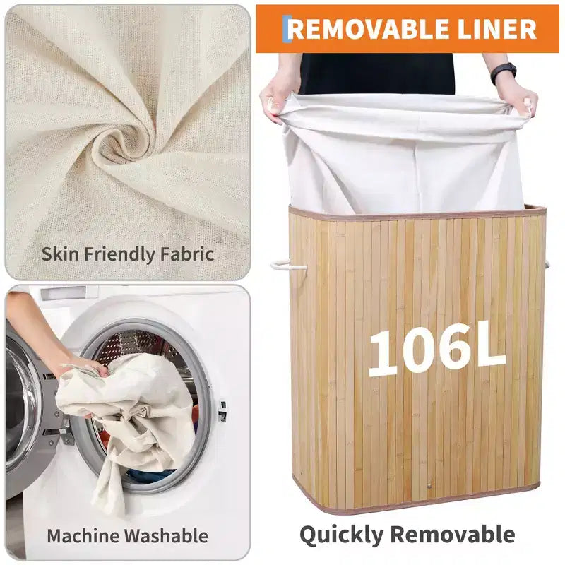 COZONY Folding Bamboo Laundry Hamper with Lid, 28 Gal / 106L Wooden Clothes Basket with Washable Liner, Slim Storage for Small Bedrooms & Dorms