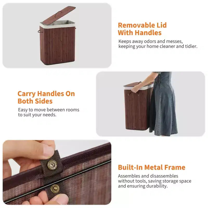 COZONY Folding Bamboo Laundry Hamper with Lid, 28 Gal / 106L Wooden Clothes Basket with Washable Liner, Slim Storage for Small Bedrooms & Dorms